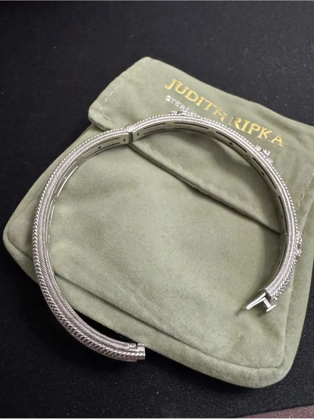 Judith Ripka 925 Silver Textured Rope Bangle Bracelet w/Stations Diamonique CZ’s